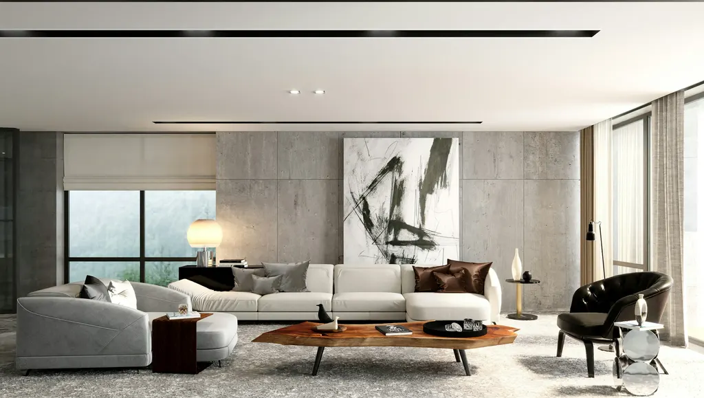 Calm modern living interior with soft neutral furniture and natural light — illustrative atmosphere only