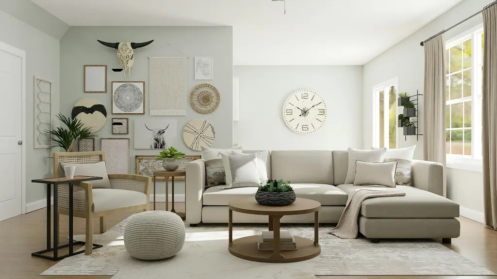 Contemporary living room with calm furnishings — illustrative wholesale atmosphere only