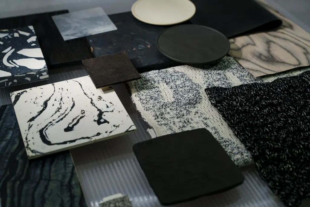 Interior material samples arranged on a neutral surface — illustrative category context only